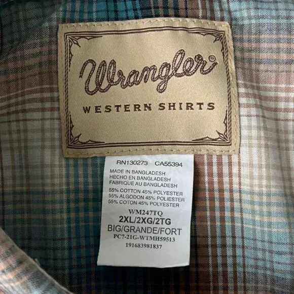 Wrangler Western Short Sleeve‎ Pearl Snap Shirt Cream / Blue / Brown Men's 2XL - Picture 3 of 6